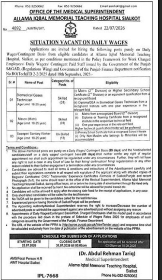 Allama Iqbal Memorial Teaching Hospital Sialkot Daily Wages Jobs 2026