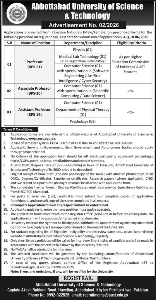 Abbottabad University of Science & Technology Jobs Advertisement 2026
