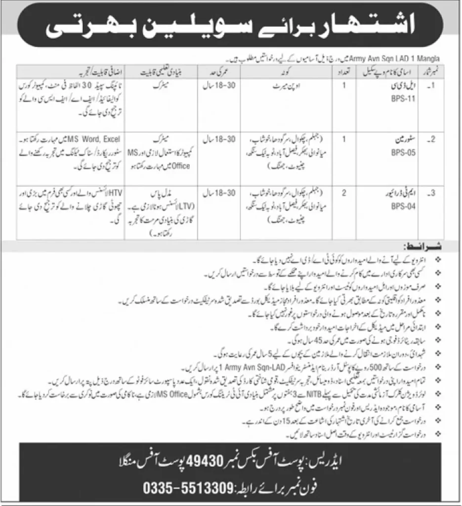 Army Avn Sqn LAD-1 Mangla Civilian Jobs Advertisement 2026