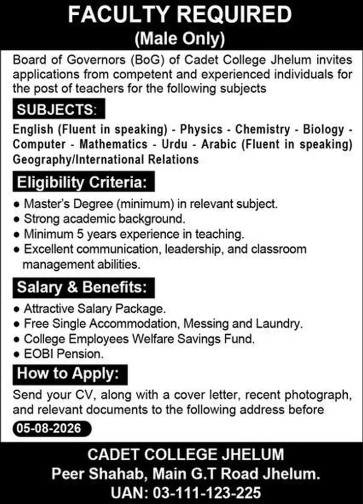 Cadet College Jhelum Faculty Jobs Advertisement 2026