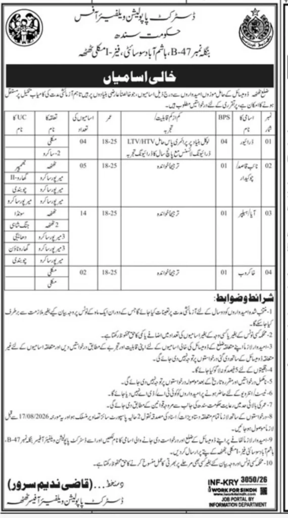 District Population Welfare Office Khairpur Jobs Advertisement 2026
