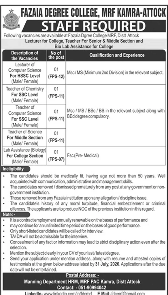 Fazaia Degree College Kamra Jobs Advertisement 2026