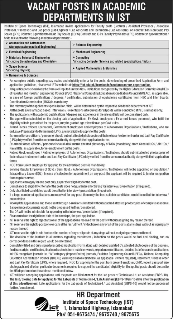 IST Islamabad Faculty Jobs Advertisement 2026