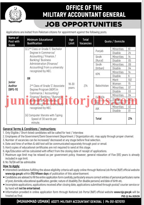 Junior Auditor Jobs Advertisement 2026 by Military Accountant General