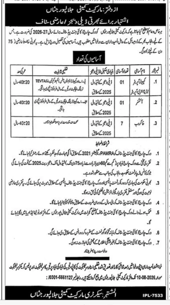 Market Committee Jalalpur Jattan Jobs Advertisement 2026 