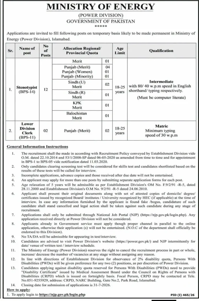 Ministry of Energy Power Division Jobs Advertisement 2026