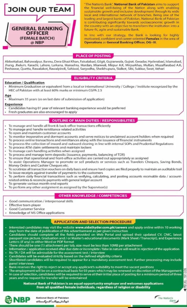NBP General Banking Officer Female Jobs Advertisement 2026