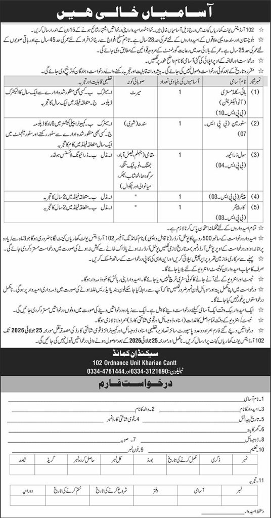 Pakistan Army Civilian Jobs Ad 2026 at 102 Ordnance Unit Kharian Cantt
