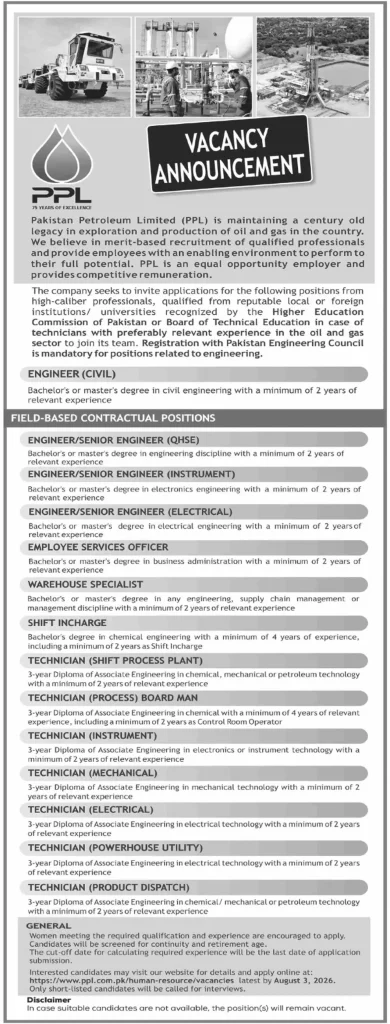 Pakistan Petroleum Limited PPL Jobs Advertisment 2026