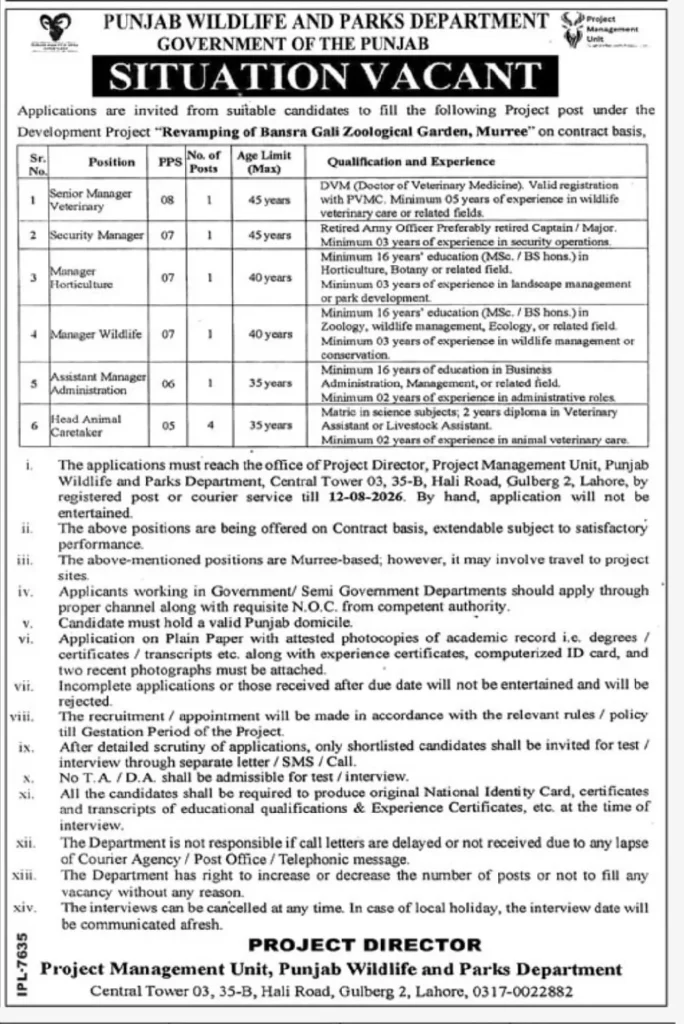 Punjab Wildlife and Parks Department Jobs Advertisement 2026