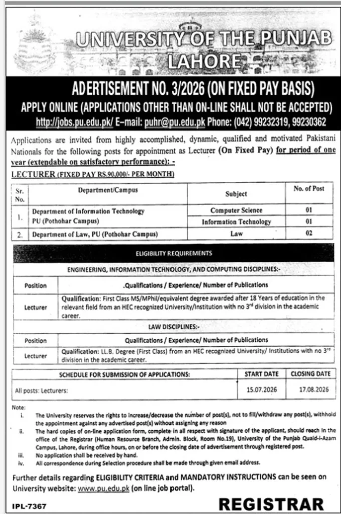 University of the Punjab Lecturer Jobs Advertisement 2026