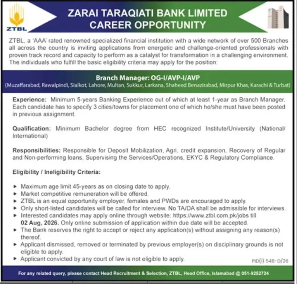 ZTBL Branch Manager Jobs Advertisement 2026